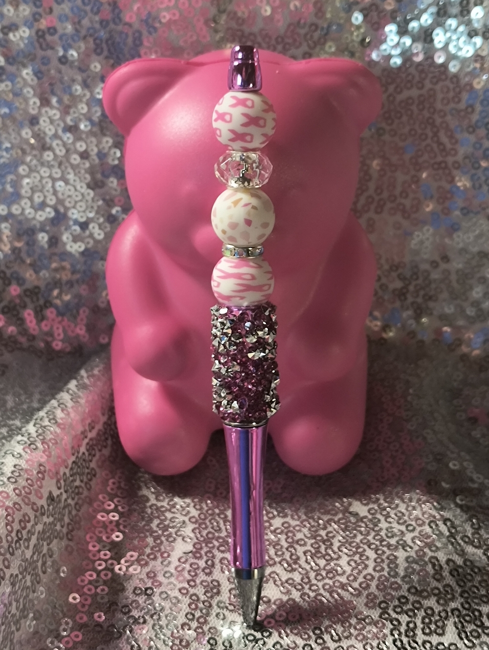 Beaded Pink Crystal Accent Pen - Women Accessories Breast Cancer Logo🩷